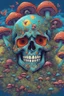 Placeholder: Psychedelic skull looking high and grinning, surrounded by clouds and overgrown with psychedelic mushrooms. Birds flying around the skull. Digital drawing. Colorful. t-shirt design. Cartoon. Digital cartoon. Mid detailed. Super happy. Cheerful. Light hearted. Colorful. Vibrant colours.