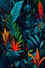 Placeholder: Create a simplistic image with a dark jungle theme. Utilize dark blue, neon orange, electric lime, deep purple, and tropical turquoise to depict abstract flora and fauna in a vibrant and energetic style. The image should exude a sense of wild and colorful chaos."