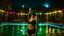 Placeholder: A Hispanic woman in a black swimsuit standing by a pool at night, with colorful lights illuminating the water