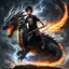 Placeholder: Fhoto full body, reality, Raw, little boy Asian riding a dragon, cyborg, warrior, super magic storm and fire, mortal combat, light eye, very angry, digital art, sword, intricate details, powerful composition, captivating, wearing a black t-shirt, there is the word "Sulthan" on the t-shirt, artstation, sharp focus, studio photo, intricate details, highly detailed, by addiedigi