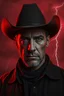 Placeholder: A cowboy sad portrait with a red light reflecting in their cybernetenhancements.red background all are red cloudy stormy with thunder in the background with be eye black latched