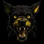 Placeholder: an angry scruffy black terrier on black background, yellow eyes, defined teeth, 30% lighter, illustration