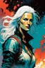 Placeholder: create an imaginative full body print illustration of an ethereal, otherworldly female Witcher , in the comic book art style of Bill Sienkiewicz, Mike Mignola, and Jean Giraud Moebius, with highly detailed feminine facial features , finely drawn, colored and inked,