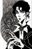 Placeholder: black haired young man necromancer wizard with gothic jewelry and tentacle fingers in the style of Aubrey Beardsley