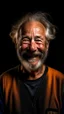 Placeholder: full shot of an old soccer player smiles hopefully, retired, worn clothes, expired elastics and patches, days beard, greasy hair, fireworks illuminate his cheeks, studio portraiture, john lurie, sony alpha a1, george stefanescu