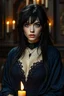 Placeholder: portrait of beautiful young female goth mage, delicate features, necromancer, long black messy hair, dressed in revealing dark ornamented rich blue robe, laces, v-neck, standing in a tavern, realistic, dim candle lighting, sexy, natural lighting, highly detailed face, very high resolution