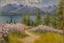 Placeholder: Mountains, lake, flowers, pathway, pine trees, clouds, edouard manet impressionism painting