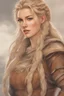 Placeholder: A drawing of beautiful woman with blond hair, viking braids Brown leather armor.