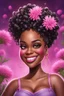 Placeholder: Create a airbrush cartoon art style image of a curvy black female looking down with a smile on her face. Prominent makeup with hazel eyes. Highly detailed messy curly bun with a hair scarf on her head with large pink knapweed flowers surrounding her. 2k