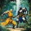 Placeholder: (in the style of Orion, by Masamune Shirow) a gangsta monk fight against a paladin knight in the jungle