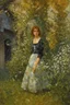 Placeholder: Night, vegetations, flowers, one woman, distant house, mistery, gothic horror films influence, gustave caillebotte, and gustave moreau paintings
