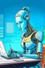 Placeholder: generate a front cover representation of Ai attractive female humanoid bot writing a book at a desk in a comic book style