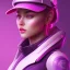 Placeholder: Cute girl face in hat, Sci-fi character, purple backlight, pink and purple, scifi suit, profile, purple background, pink lighting