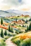 Placeholder: watercolor ,landscape, many colors, detailed, colorize, white background a hills, Tuscan villa on rolling hills, surrounded by green cypress trees and blooming fields. Infuse the scene with sunlight, conveying a cozy and tranquil atmosphere. a white background 9:11