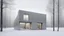 Placeholder: Modern and minimalist house in a winter environment is light gray, with vertical siding that gives it a subtle texture. There are small rectangular windows and a visible door, all emitting warm light from the inside. The house is situated in a snowy landscape, with several bare trees scattered around, suggesting that it is winter or a cold region.