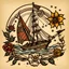 Placeholder: Traditional Old School Tattoo Design featuring a Guitar, flowers, the Sun, a Compass, and a Sailboat sailing over the sea waves, simple and small, Tattoo Art by Sailor Jerry