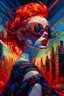 Placeholder: Stylized representation of a audacious girl donning sun glasses by Afarin Sajedi, her silhouette residing amidst bold, attention-grabbing abstract design that's defined by bursts of vibrant, highly saturated hues, juxtaposed against stark, surrealist landscapes or bustling colored cityscapes, vectors of strikingly dressed people indulging in eccentric poses, interspersed within alien, otherworldly