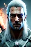 Placeholder: Henry cavil face, texture skin,Crystal yellow eyes, long white hair, wearing The witcher 3, realistic, 4k, intricate, best quality, fog particles, fire particles, octane render, vray, sword fire