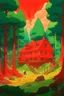 Placeholder: uma casa vermelha na floresta em chamas, ghibli style