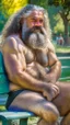 Placeholder: close up photography of a relaxed stocky short chubby hairy strong burly italian man, 64 years old, long hairs, long curly beard, in swimwear, emotive eyes, manly chest, open legs, relaxed sitting on a bench in a city public park, sweat, bullneck, big thighs, sunlight, backlight, photorealistic, ultra detailed, Canon EOS, 35mm lens, ground front view