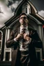 Placeholder: man dressed in church dress clothes opening his shirt like Clark Kent and bearing his chest in front of a church