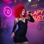 Placeholder: A MJ performing at dance club, her name MJ FLAPYPUSY and looks crazy, crazy red hair with black dress. Neon lights and smog, DJ FLAPYPUSY SIGN ON WALL