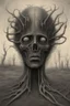 Placeholder: A field of thousands trees of hands , a thin line draw ،front view camera, decayed and rotting with grotesque proportions and imagery. surreal horror, biomechanical design, by hr giger and beksinski , Busch painting style