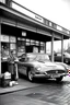 Placeholder: 1961 Jaguar E-Type (XKE), Classic Gas Station and Auto Repair Shop: A classic gas station features a canopy with a "Service" bell overhead, and attendants in coveralls fill tanks and check oil levels