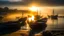 Placeholder: Fishermen’s boats anchored around a Scottish harbour near a fishing village, fishermen putting fishing nets on their boats, mist covering the distance, the moment the sun rises, beautiful romantic photograph, excellent composition, atmospheric, realistic