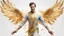 Placeholder: white background, 35-year-old man angel, fine rendering, high detail, 8K, bright colors, HD photography, gold, flying feathers, double exposure