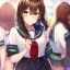 Placeholder: Clear focus, High resolution, short dark brown fluffy hair, green eyes, wearing a sailor uniform, red tie, yandere