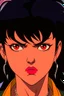 Placeholder: female 80's anime character, angry and sweating, close up on face, black hair, earrings, striking features showing intense facial expression