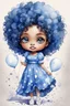Placeholder: A watercolor fairytale style of a chibi cartoon wearing a blue maxi dress and white sandals. Prominent make up with hazel eyes. Highly detailed tight curl afro. Background of white and blue ballons everywhere.