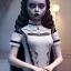 Placeholder: Jenna ortega black dress,soft goth libstick, wednesday addams family make up, long hair, brad double wig, addams family style, highly detailed, volumetric lighting, unreal engine, 8k