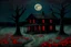 Placeholder: Creepy trees, creepy night, moon, cabin, red flowers, horror, philip wilson steer impresionism painting