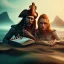 Placeholder: close up of two pirate actors on beach, water, reflection, book cover, fantasy art, misty, raytracing