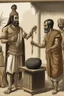 Placeholder: A Indian blacksmith with a Indian king standing in front of him and a bag of sandalwood on one side, the king pointing towards the Bag.
