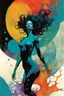 Placeholder: create a wildly abstract and chaotic full body illustration of an amorphous woman utilizing fluid shapes, in the comic book art style of Bill Sienkiewicz, Mike Mignola, and Jean Giraud Moebius, finely textured, drawn, colored, and inked