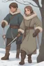 Placeholder: DnD style, two medieval peasant kids playing in the snow, female age 14 and male age 15, happy and playful, he has a short sword. Coats and pants