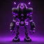 Placeholder: black and purple neon geometric bipedal robot with no arms that has a plus sign symbol for the 'eye' in a black monochrome world