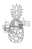 Placeholder: Pineapple Cozy Art Studio Coloring Page: A pineapple cross-section displaying an art studio. Features an easel, paint palettes, brushes, and artworks hung on the walls.