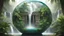 Placeholder: Glass globe encircled temple mayan jungle palms and waterfall, symbolizing nature, environment, sustainability, ESG, and climate change awareness, generative ai