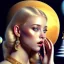 Placeholder: blonde cute young woman singing at saturn moon, golden jewelry, ice cold, winter, magnificent, majestic, highly intricate, incredibly detailed, ultra high resolution, complex 3d render,renaissance painting