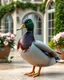 Placeholder: Generate image: Generate image: Generate image: A macro 3D render of a cute, lovely mallard with dark green neck ,entirely of translucent, glossy,colored jelly material. it is standing in terrasse of a luxury villa next to flowers ,subsurface scattering and gelatinous texture . High-quality CGI, octane render, 8k resolution, whimsical, adorable, clean composition., in the style of Portraits, in the style of Portraits, 4:3