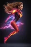 Placeholder: medium long shot, wide angle shot, full body, Barbie Allen aka The Flash, running, multicolored, atmospheric, beautiful, bright, vibrant colors, multicolored lightning, pitch-black background, Professional quality digital photograph, 4k UHD, Photorealistic, professional quality