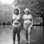 Placeholder: [photo by Diane Arbus] two middle age ladies in wearing swimsuits caught in a heavy summer rain in central park, happy with no inhibitions