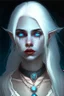 Placeholder: hauntingly beautiful character for dnd, young vampire woman with white hair and blue eyes, angel, with moon necklace, lips slightly parted showing fangs