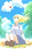 Placeholder: Blonde girl fall from sky. Anime style