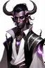 Placeholder: En Young male Black skin black hair tiefling White Wizard with large Black horns with a bit of Purple horns same size going from the front to the back. glowing Silver and White symbols