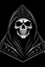 Placeholder: claymation skeleton in a black hooded cloak drawn in a retro vector mascot style, inside a diamond shape on a black background, monochromatic